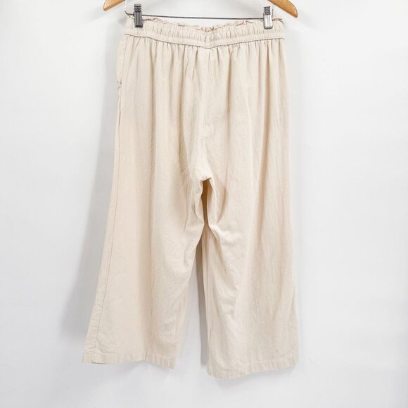 Linen Cropped Wide Leg High Waisted Tan Drawstring Waist Pants Lightweight - Picture 2 of 7